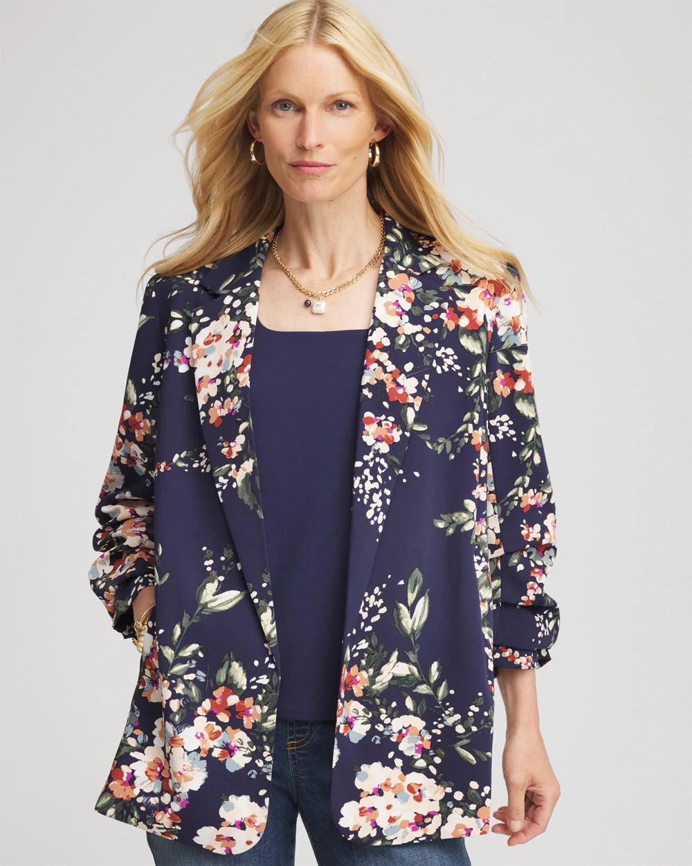 Chico's | Floral Ruched Sleeve Blazer/ Passport Blue
