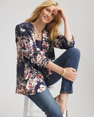 Chico's | Floral Ruched Sleeve Blazer/ Passport Blue