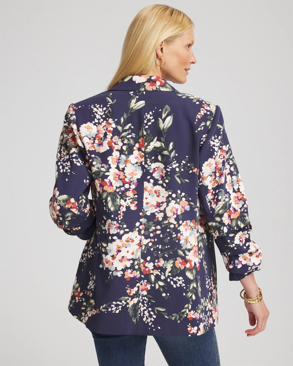 Chico's | Floral Ruched Sleeve Blazer/ Passport Blue