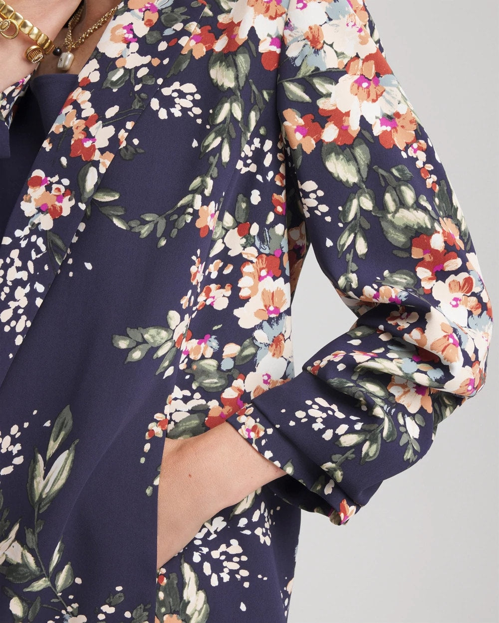Chico's | Floral Ruched Sleeve Blazer/ Passport Blue