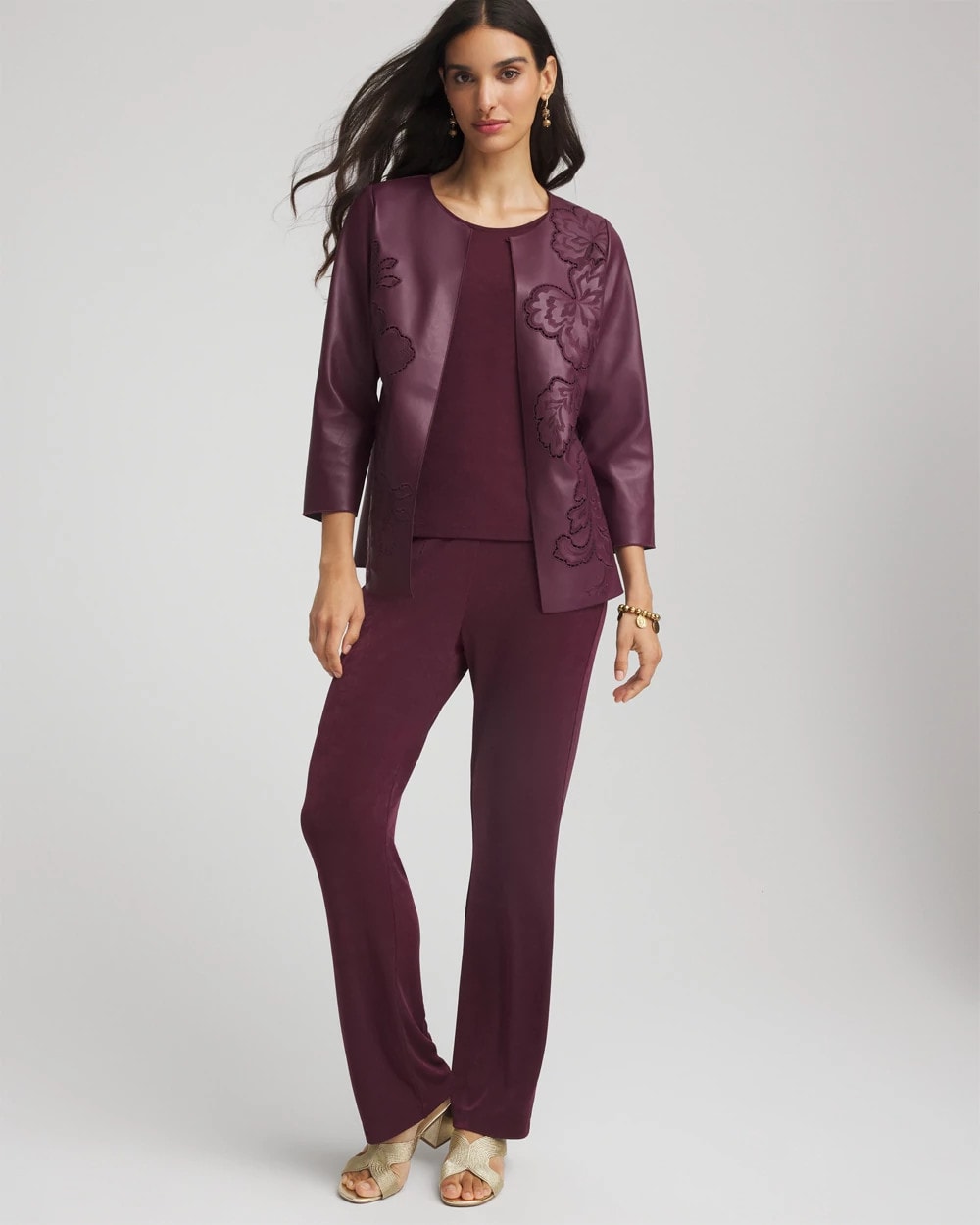 Chico's | Travelers™ Collection Faux Leather Embroidered Jacket/ Blackened Burgundy