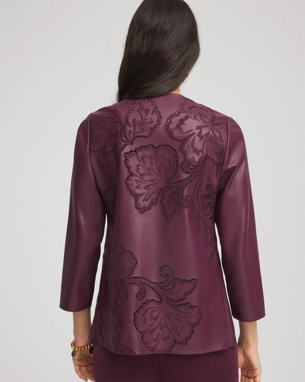 Chico's | Travelers™ Collection Faux Leather Embroidered Jacket/ Blackened Burgundy