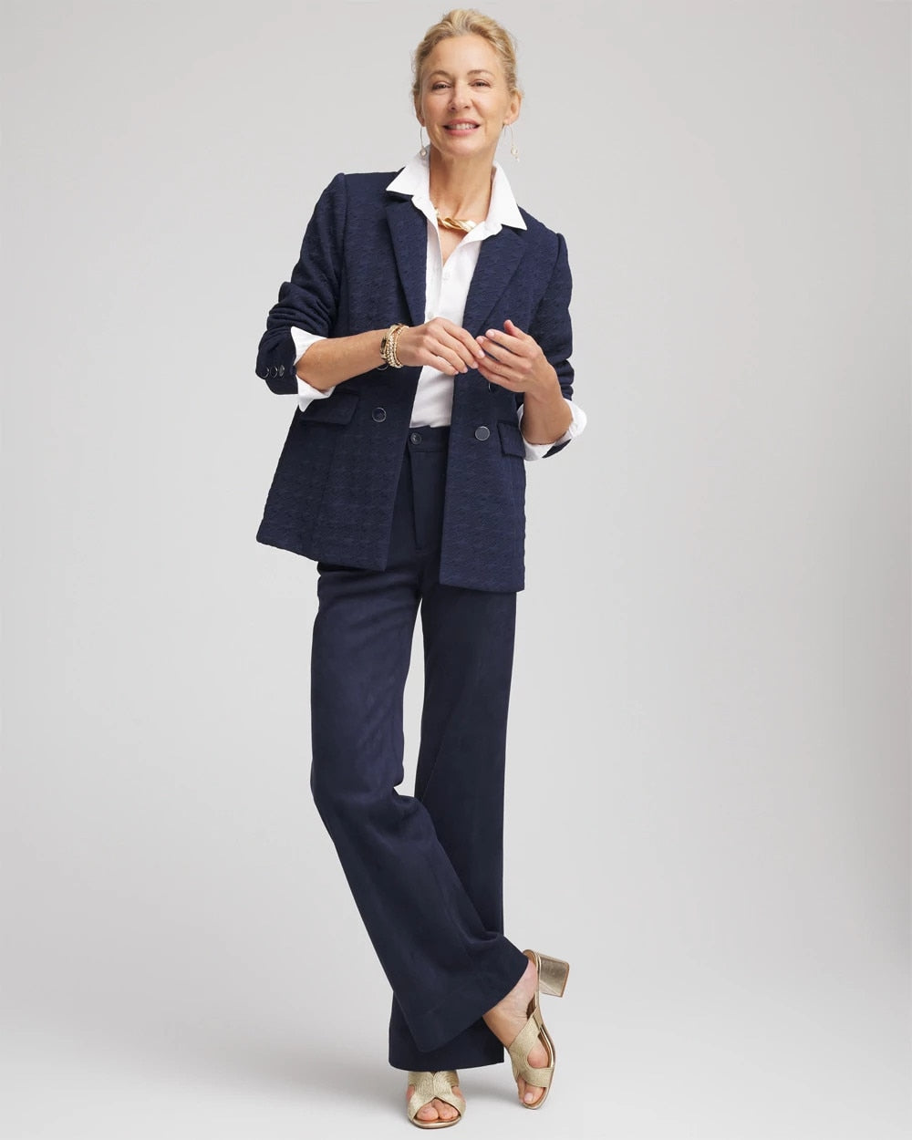 Chico's | Textured Single-Breasted Knit Blazer/ Passport Blue