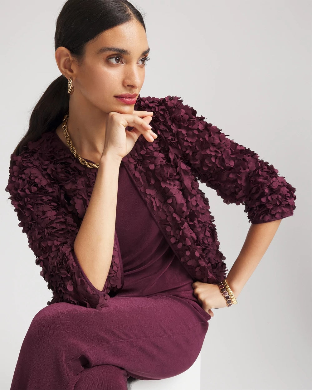 Chico's | Travelers™ Collection Textured Rosette Jacket/ Blackened Burgundy