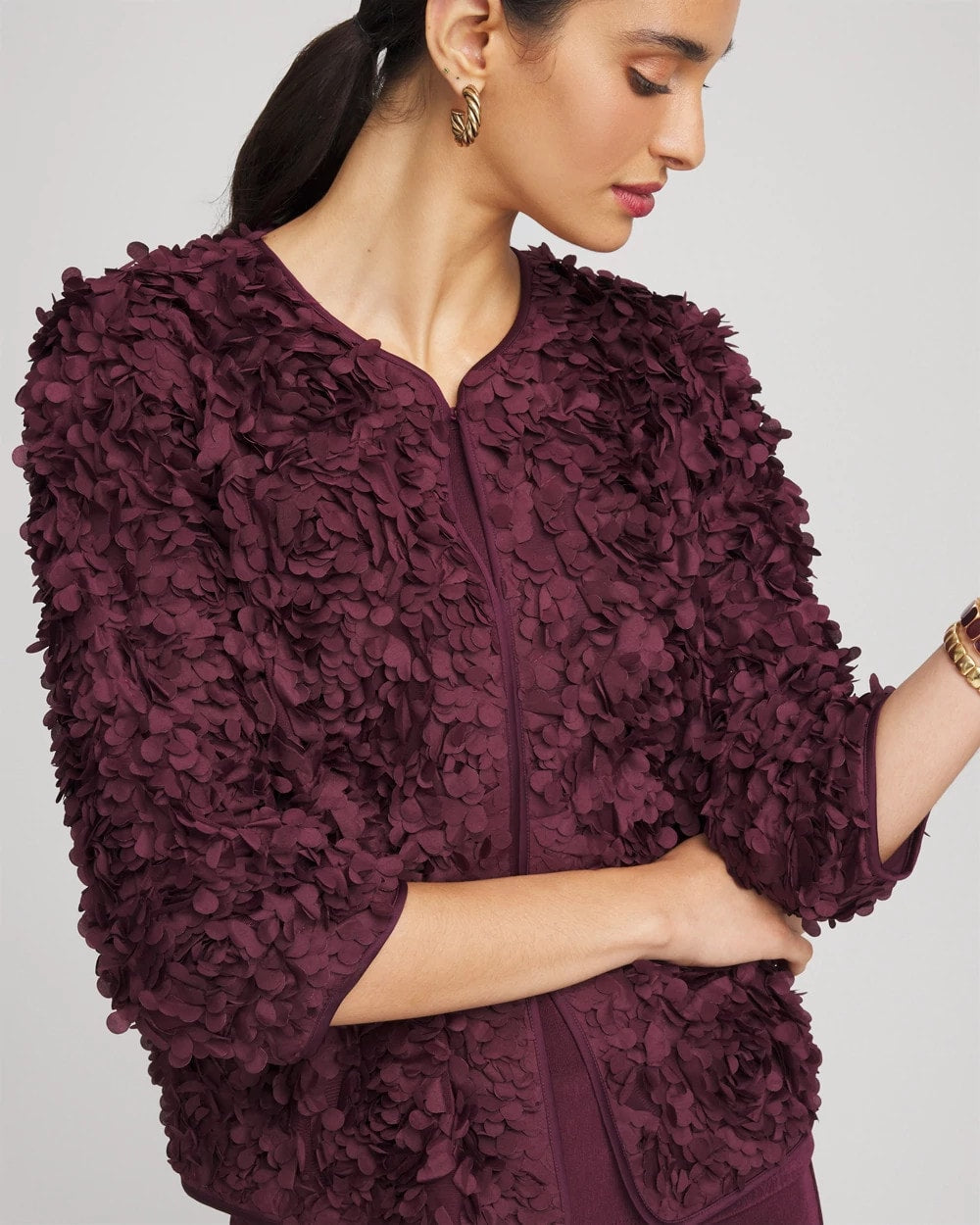 Chico's | Travelers™ Collection Textured Rosette Jacket/ Blackened Burgundy