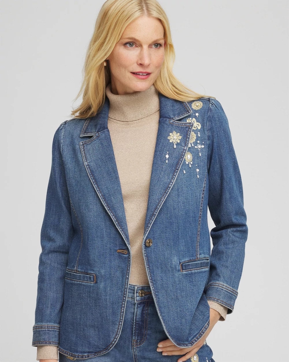 Chico's | Pearl Brooch Denim Blazer/ Kiruna Indigo