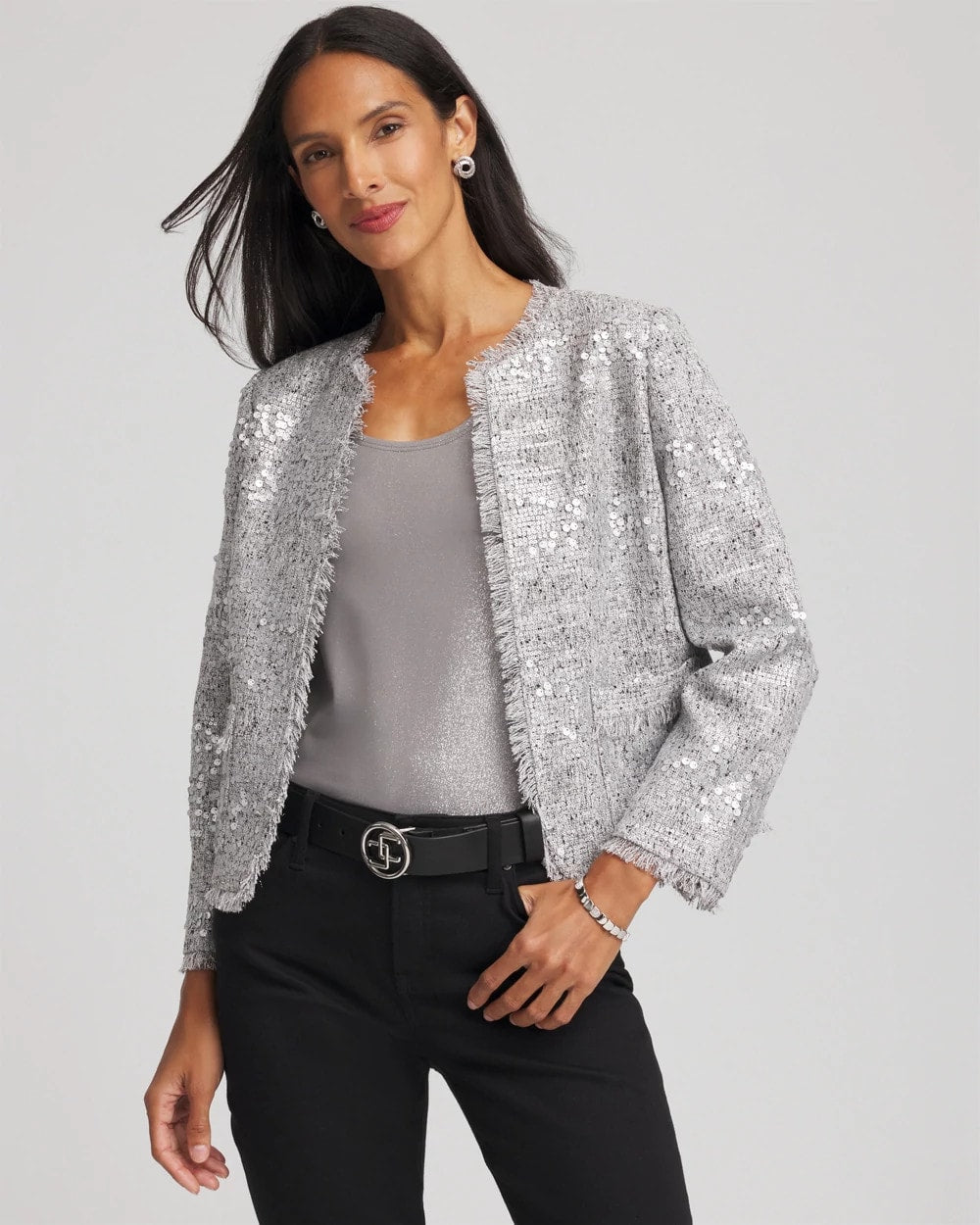 Chico's | Silver Sequins Tweed Jacket/ Silver