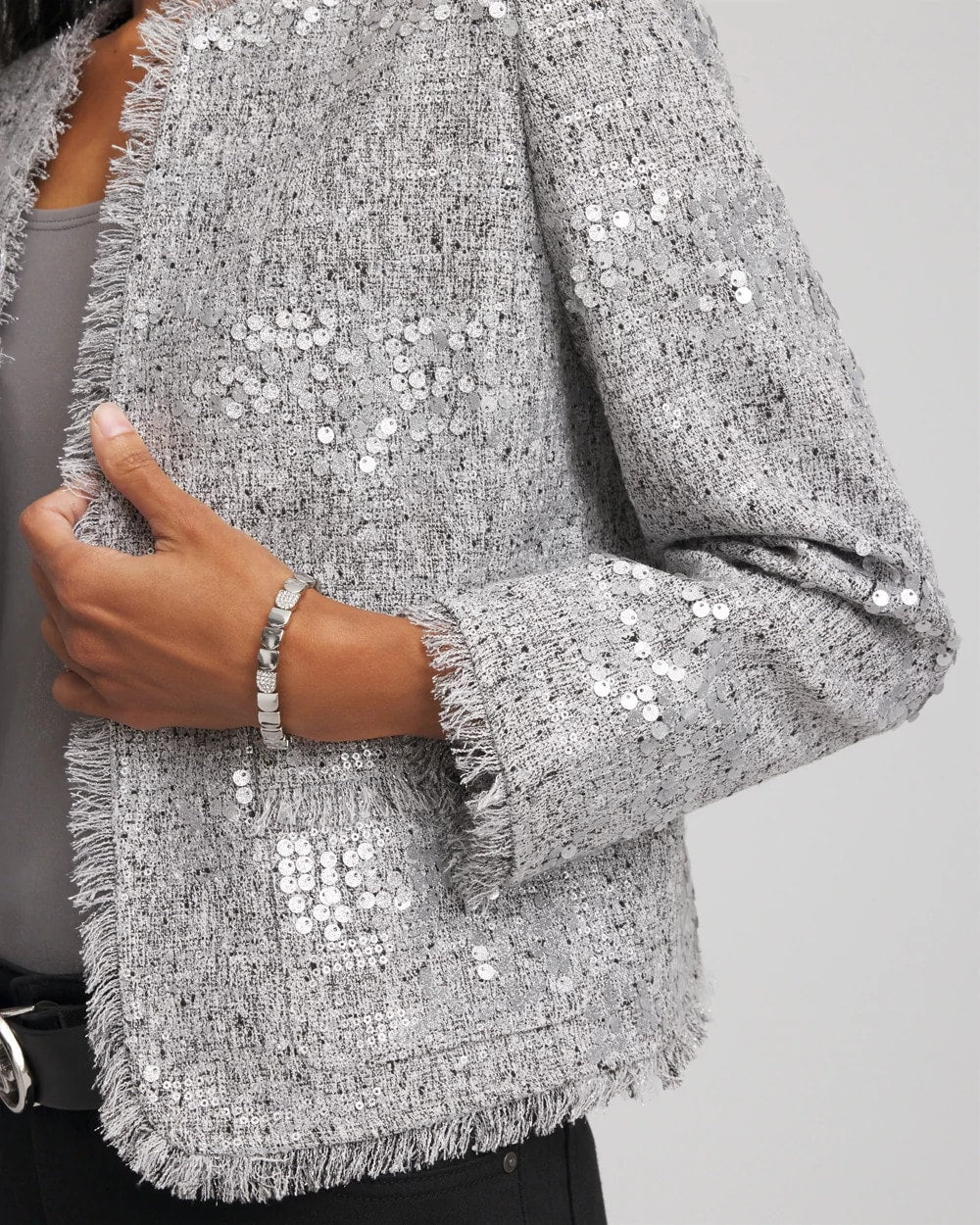 Chico's | Silver Sequins Tweed Jacket/ Silver