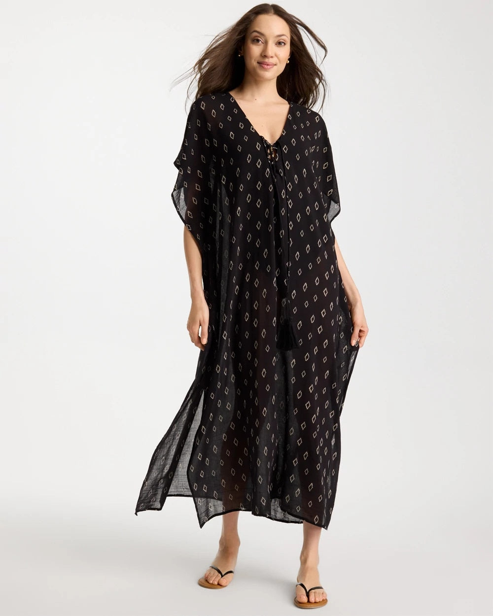 Chico's | Printed Kaftan Swim Cover-Up/ Black/Neutral