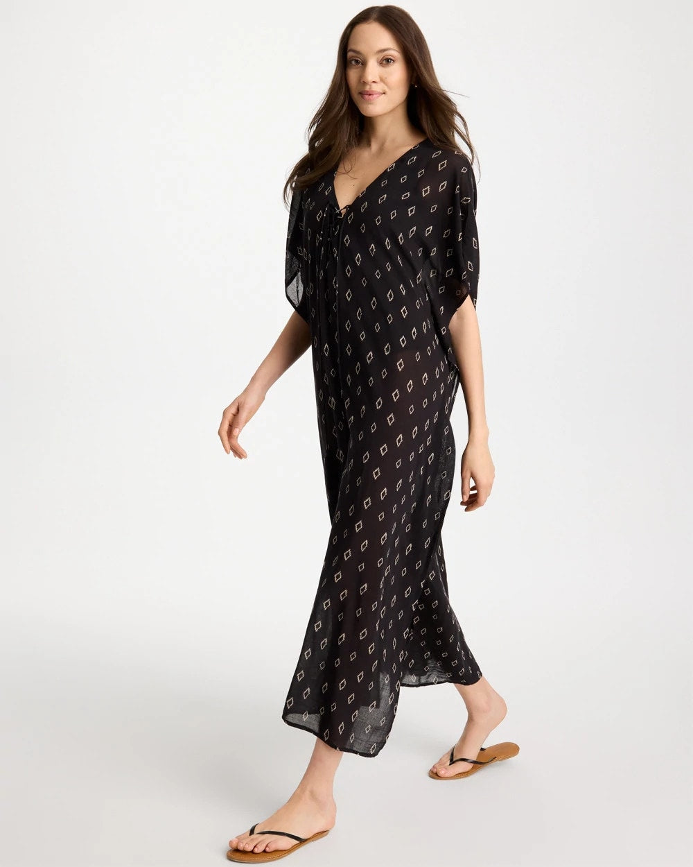 Chico's | Printed Kaftan Swim Cover-Up/ Black/Neutral