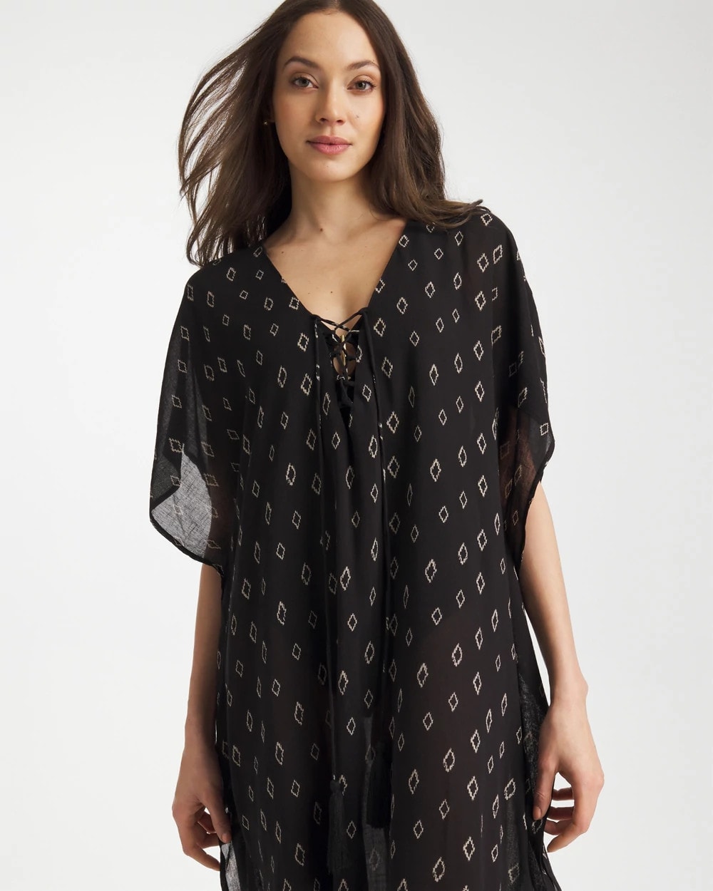 Chico's | Printed Kaftan Swim Cover-Up/ Black/Neutral