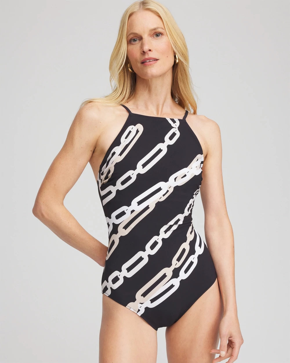 Chico's | Gottex High Neck Halter Top Swimsuit/ Black/Natural Cream