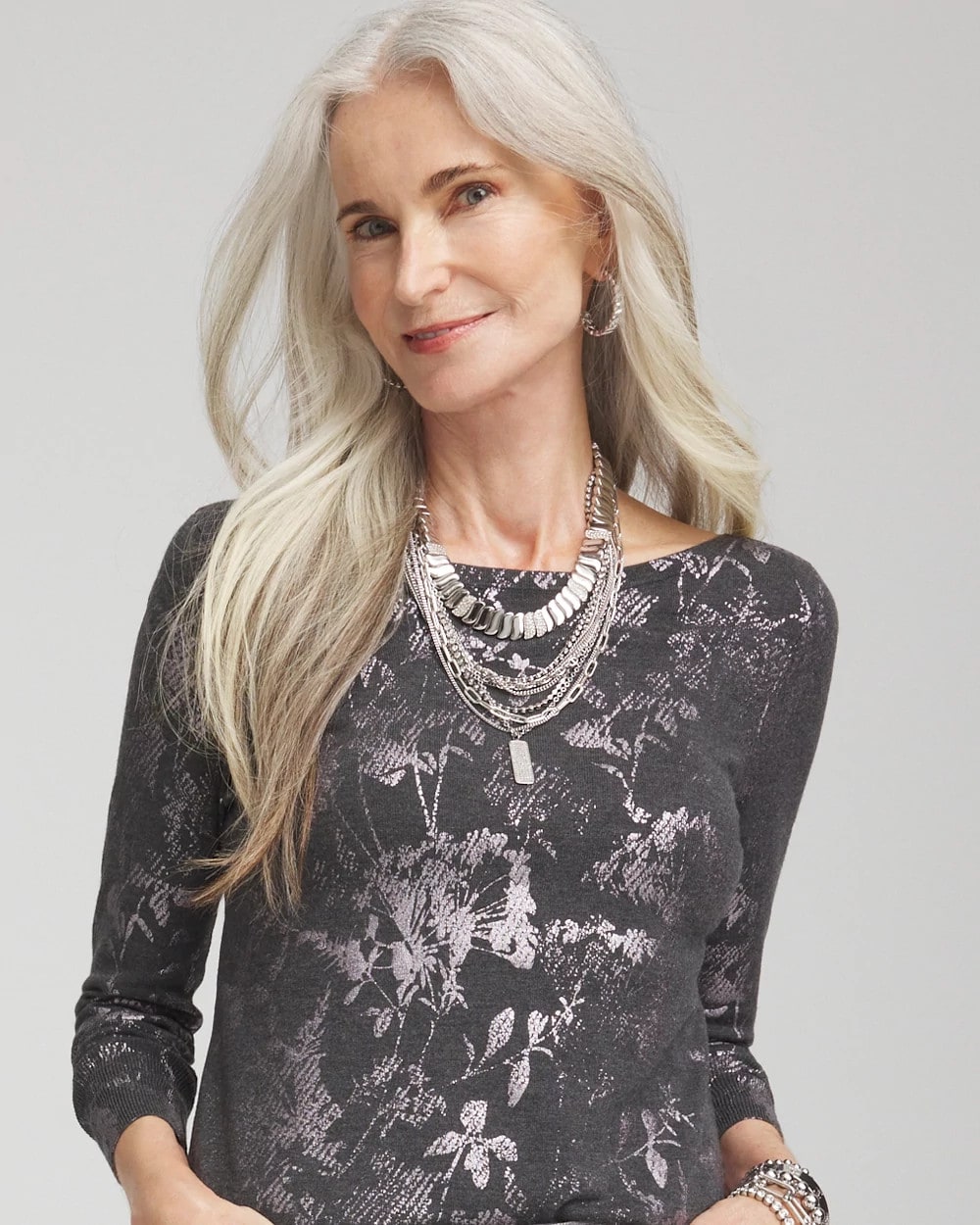 Chico's | Silver Tone Pave Multistrand Necklace/ Silver