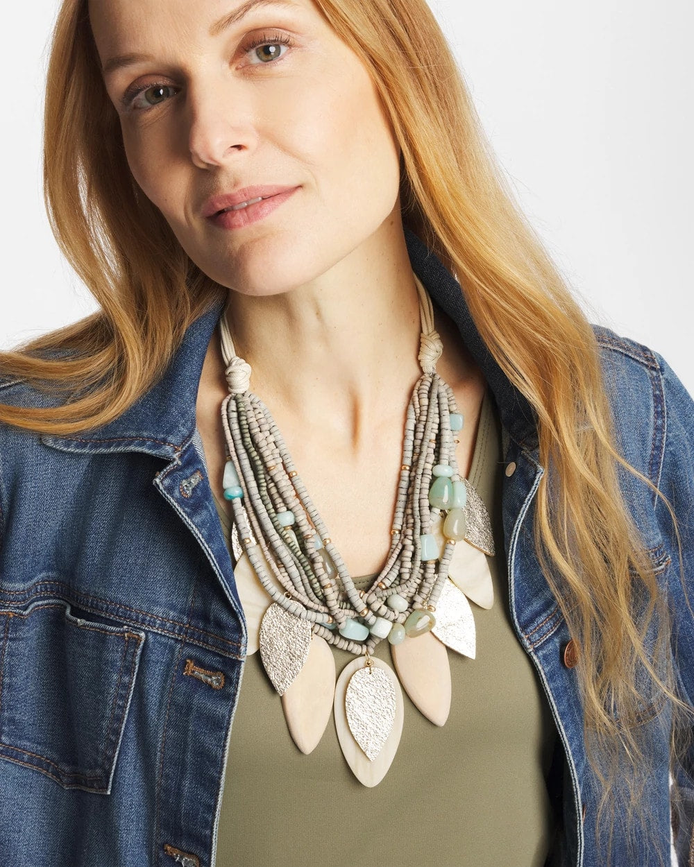 Chico's | Multistrand Wood Petal Necklace/ Aqua