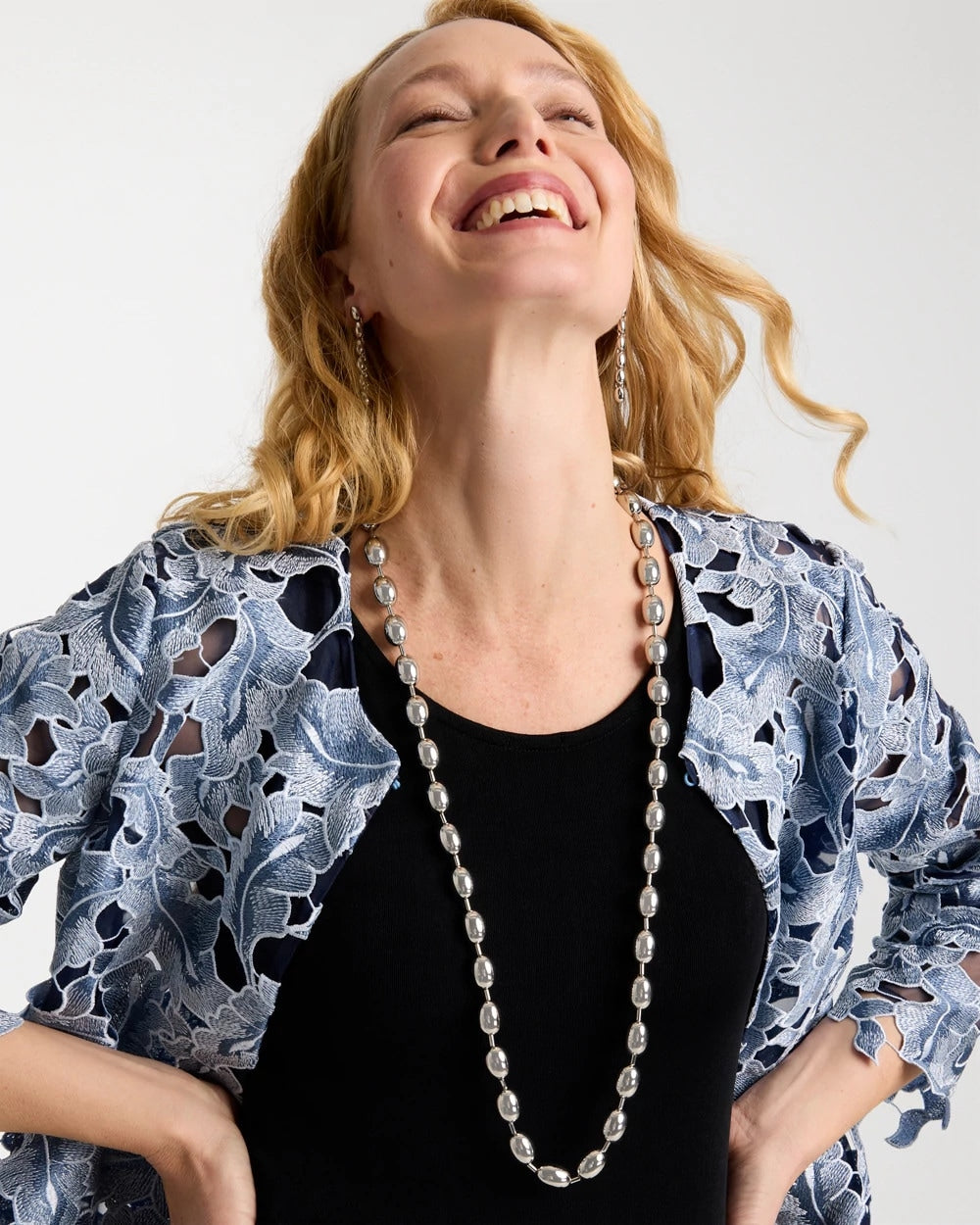 Chico's | Silver Bead Long Single Strand Necklace/ Silver