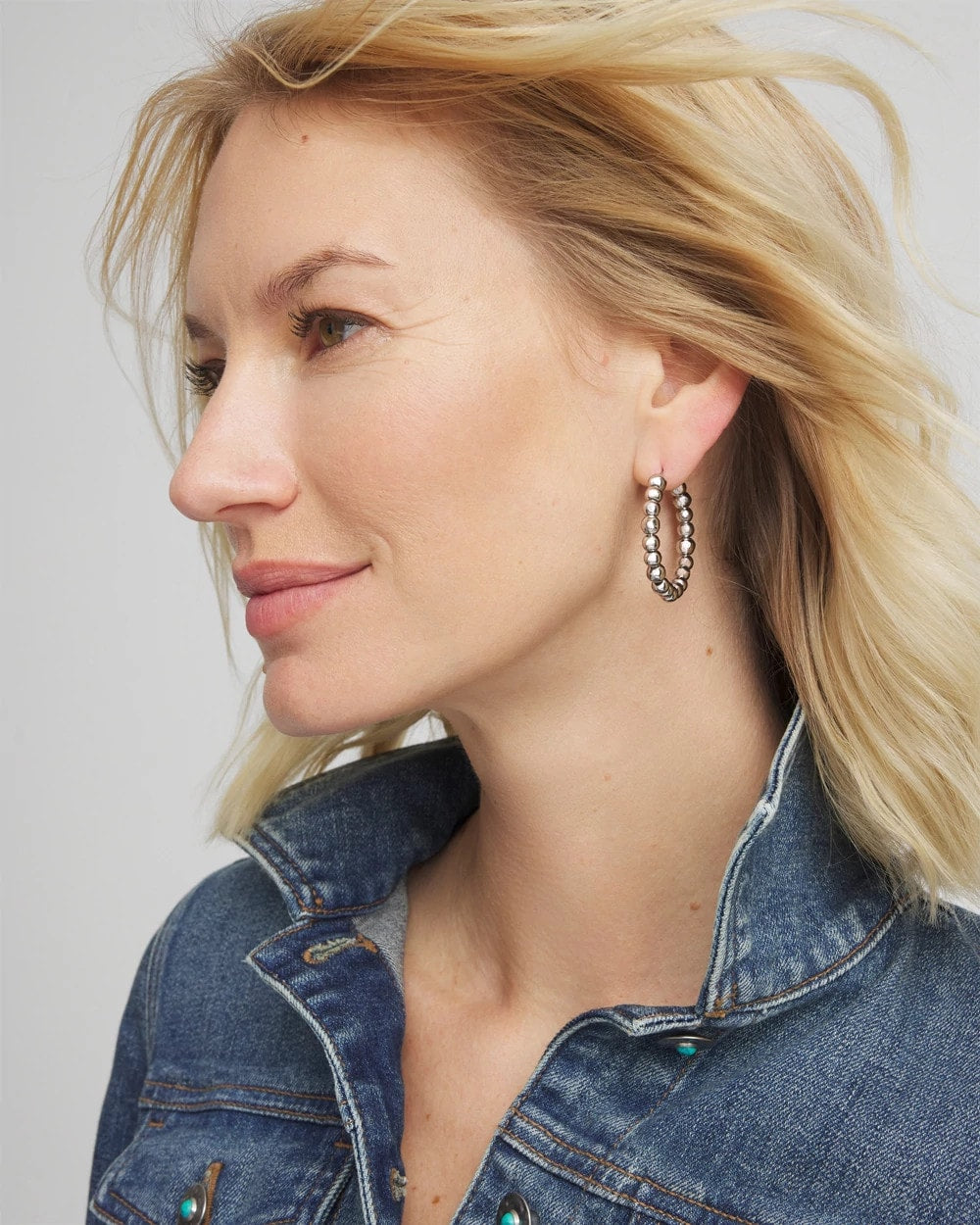 Chico's | Silvertone Beaded Hoop Earrings/ Silver