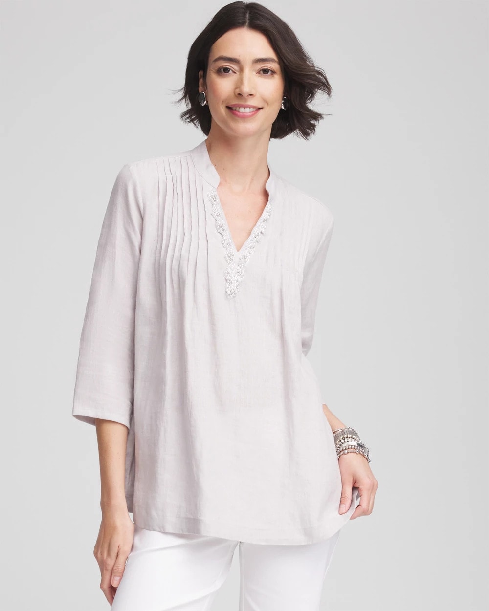 Chico's | Embellished Linen Kurta Tunic/ Dove Gray