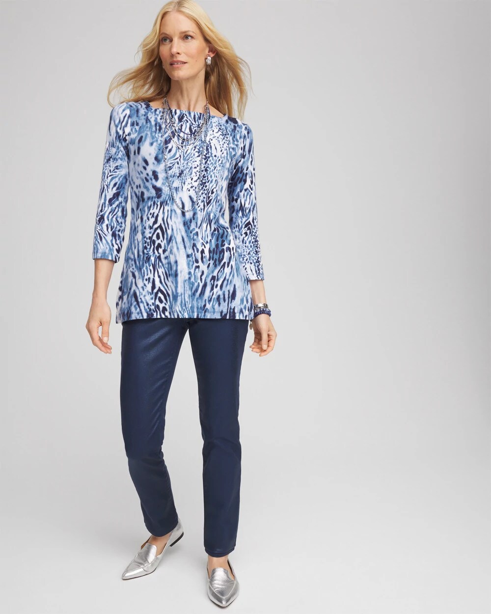 Chico's | Animal Print Square Neck Tunic/ Classic Navy