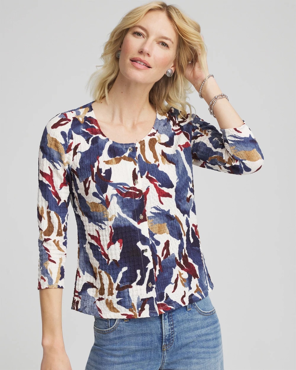 Chico's | Printed Textured Scoopneck Cardigan/ Ecru