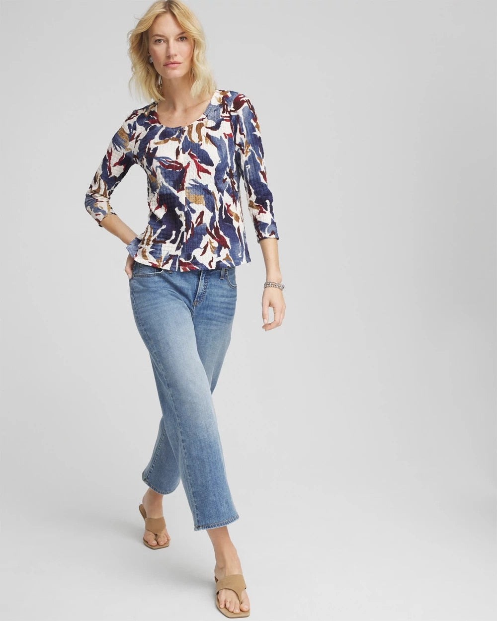 Chico's | Printed Textured Scoopneck Cardigan/ Ecru